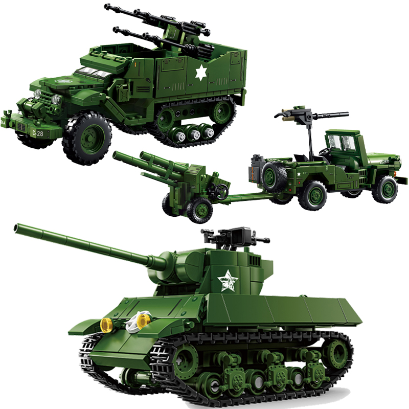 Kids Toys Jeep - US-Militärpanzer-Serie Bausteine M16 Halbkettenfahrzeug-Blöcke WILLYS Jeep